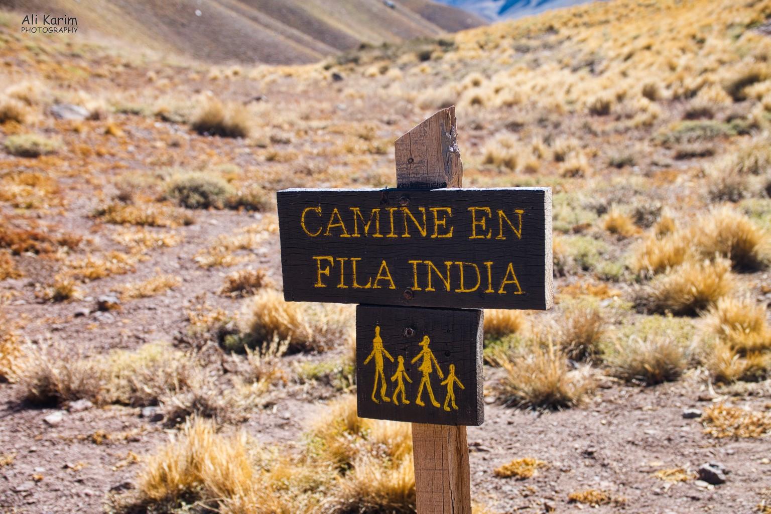 Interesting sign; which means (literally) walk in the steps of the one in front. Used by Indian tribes to confuse their enemies from knowing how many people strong they were. Now used to preserve the delicate ecology of the park; leave minimal footprints. More Mendoza, Argentina Interesting sign; which means (literally) walk in the steps of the one in front. Used by Indian tribes to confuse their enemies from knowing how many people strong they were. Now used to preserve the delicate ecology of the park; leave minimal footprints.