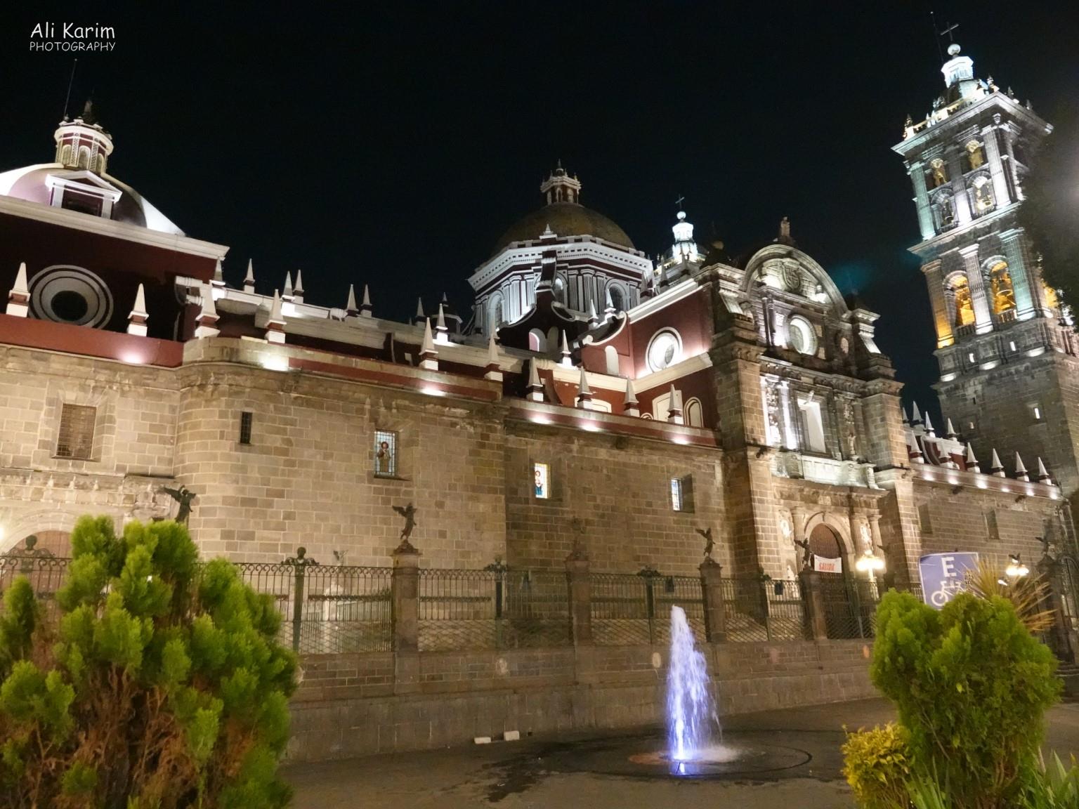 Puebla, Mexico Dec 2020, Night view of the Puebla Cathedral