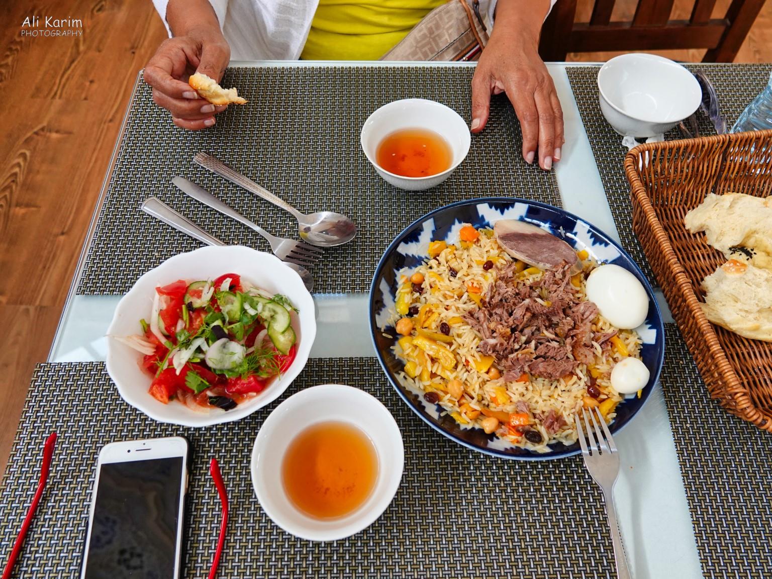 Tashkent, Oct 2019, Our Plov brunch with Chai, bread & salad, at the Plov center. Cost was $8