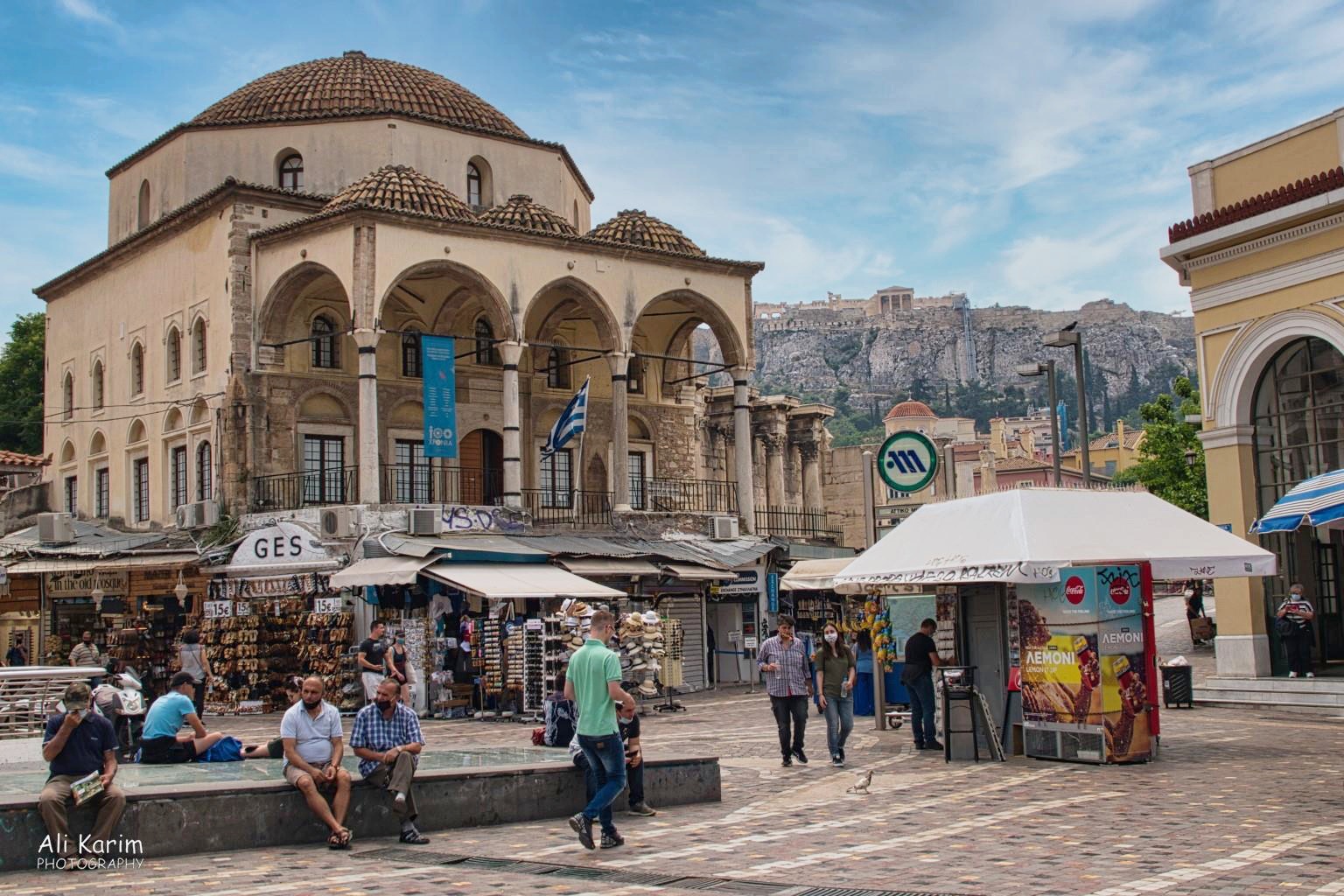 Mosque (on left, imposing building) in Monsatiraki square Athens, Greece, June, 2021, Mosque (on left, imposing building) in Monsatiraki square