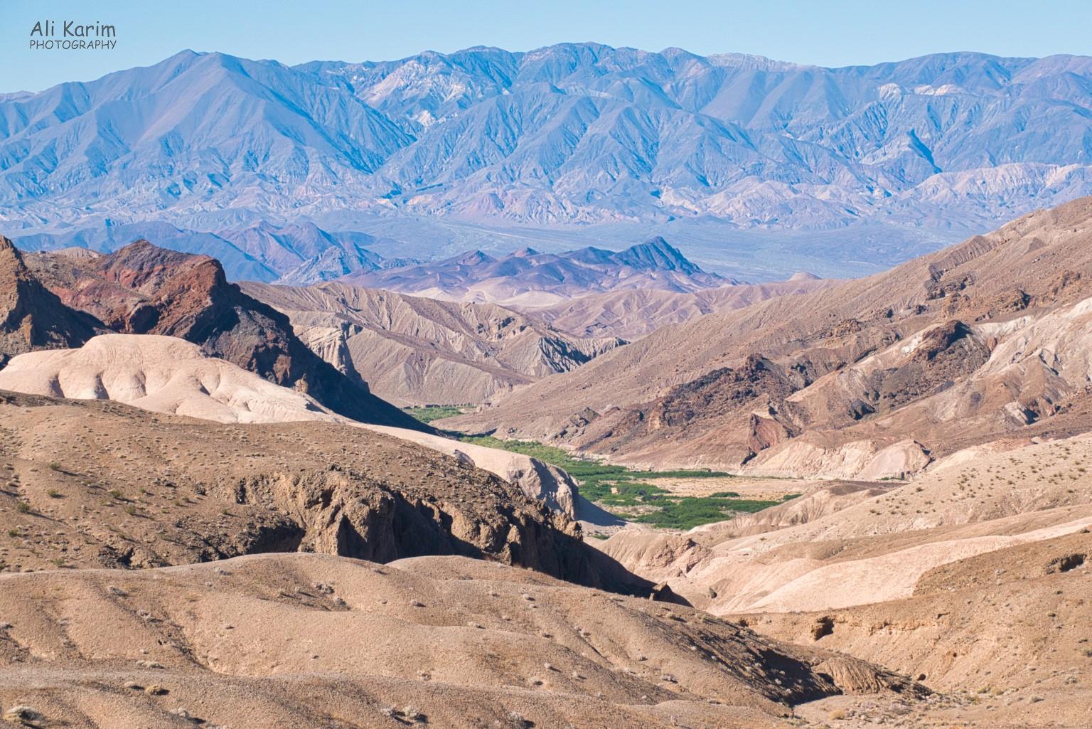 Death Valley National Park, June 2020, Desert Landscape with oasis green vegetation and the China Ranch in the desert valley (center of image) thanks to a natural spring
