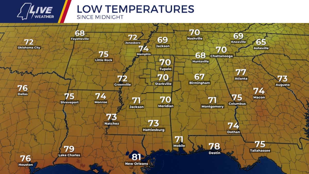 Regional Low Temperatures Since Midnight