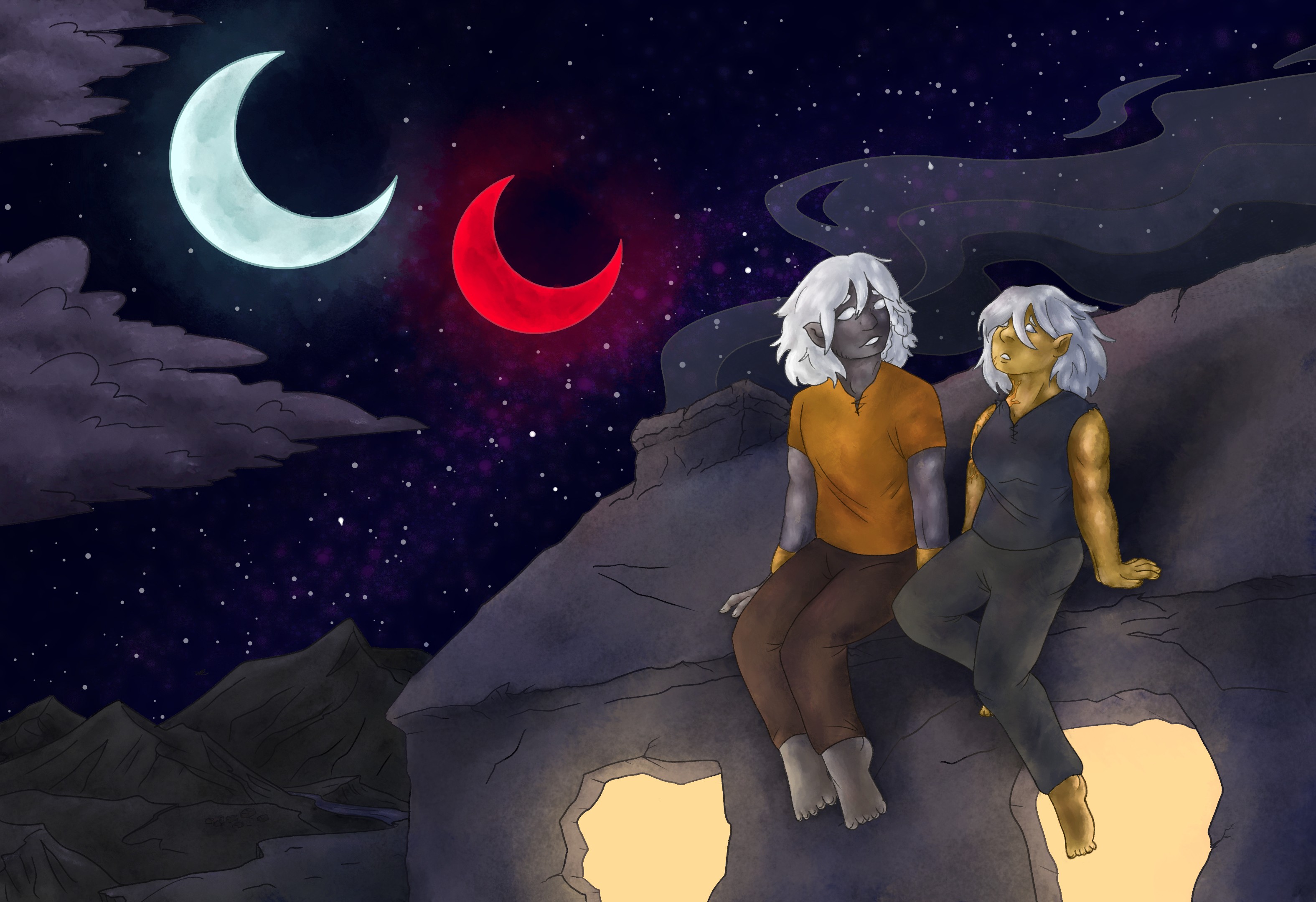 Tess and Owen sitting on the roof of a stone house, beneath two moons (red and blue) and a starry sky.