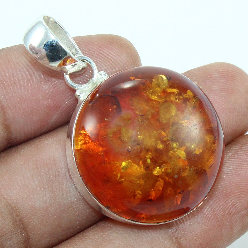 Baltic Amber Cabochon Gemstone 925 Sterling Silver Pendant Necklace ...