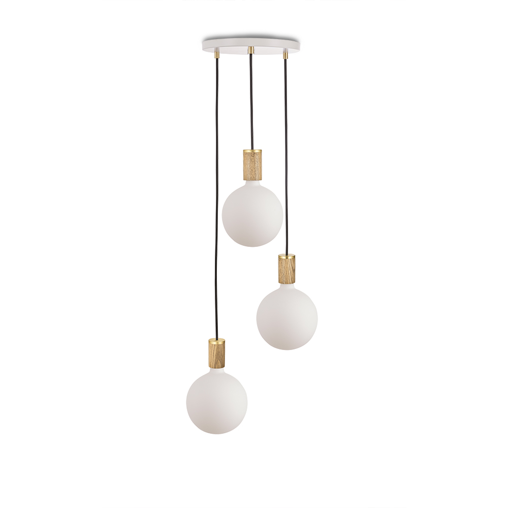 Small canopy white, brass grip with 3 oak pendants & 3 Sphere IV EU